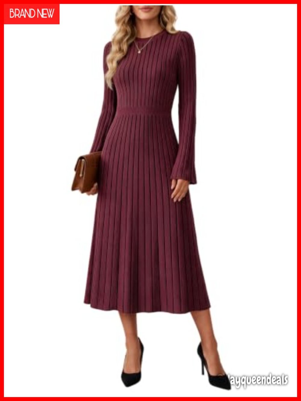 Women's Long Sleeve Midi Sweater Dress Crew Neck A-Line Ribbed Knit